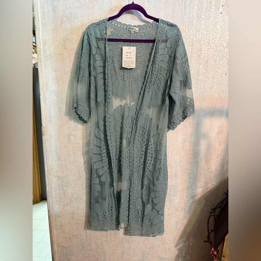 Rebellion Again Embroidered Mesh Lace Boho Duster Kimono Cardigan. Seafoam, Sz S